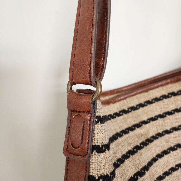Lucky Brand Purse Tan Brown Natural Linen Faux Leather Bucket Hobo Crossbody Bag - Picture 7 of 13
